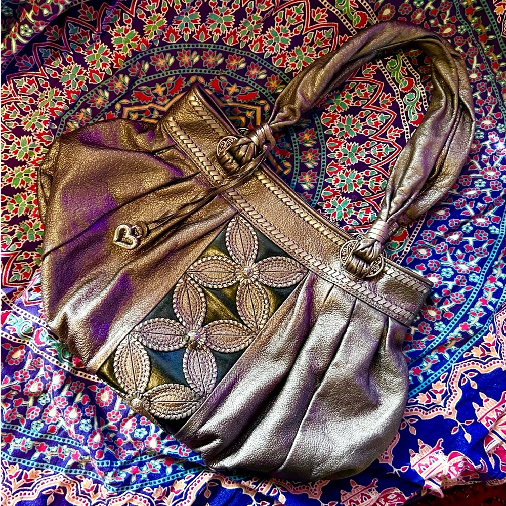 Brighton Pewter Mon Amie 3D Floral Appliqué Leather Handbag (No. UO84453)
